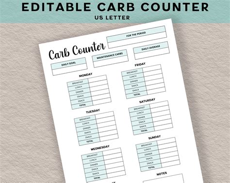 Carb Calculator Diet Tracker Editable Printable Food Log Daily Intake Tracker Carb Counting