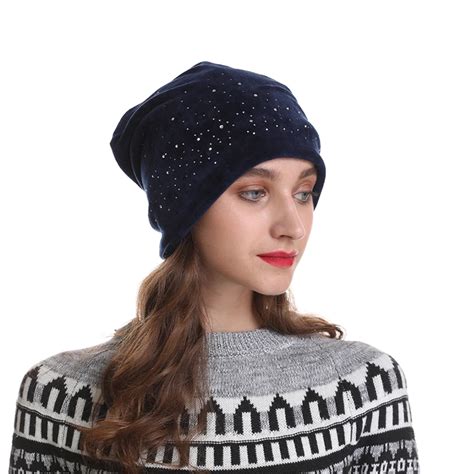 Velvet Beanie Bonnet Streetwear Velvet Beanie Rhinestones