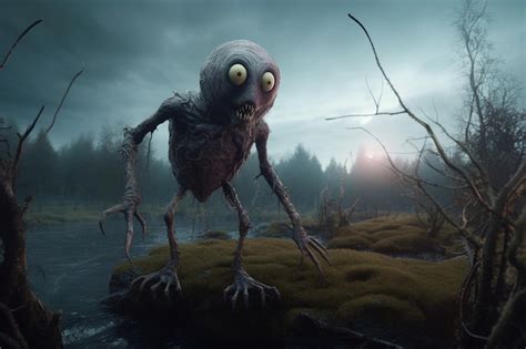 Premium AI Image | A creepy creature with a creepy face stands on a swamp.