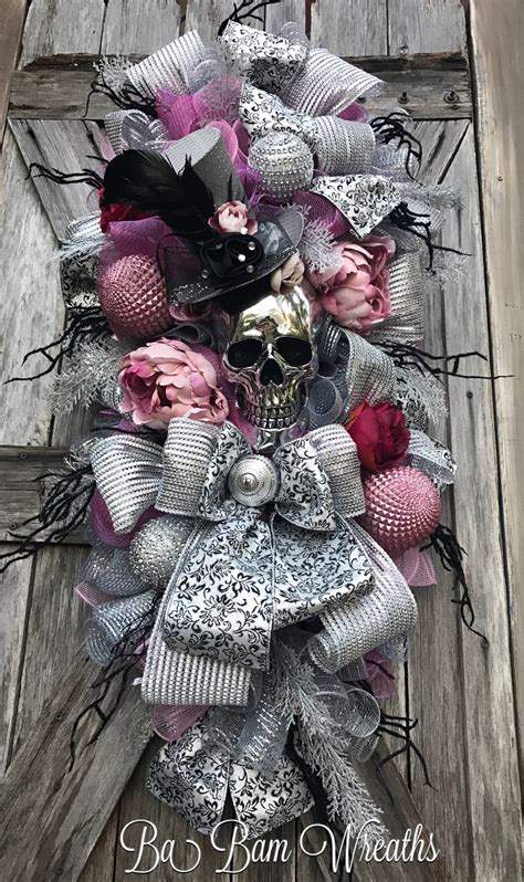 Reserved For Inez Pink Halloween Skeleton Wreath Skeleton Decor