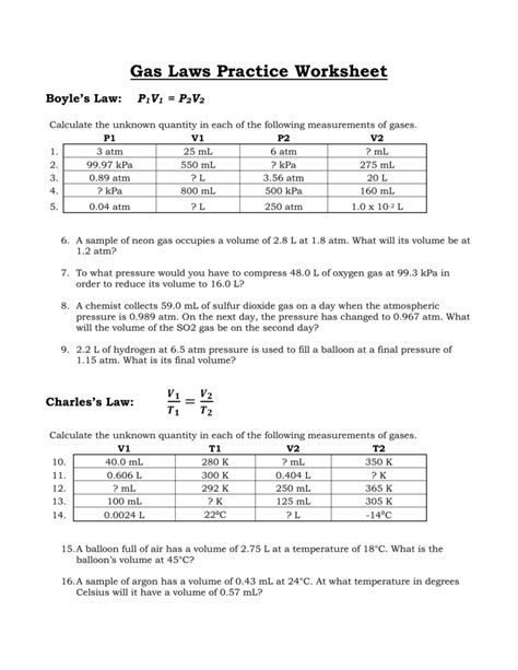 Boyles Law And Charles Law Worksheets Answers