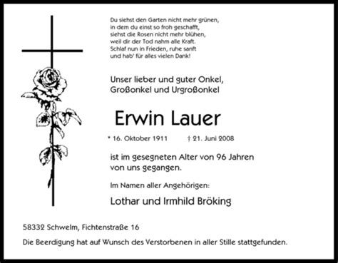 Traueranzeigen Von Erwin Lauer Trauer In Nrw De