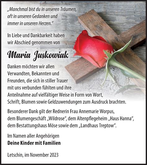 Traueranzeigen von Maria Juskowiak Märkische Onlinezeitung Trauerportal