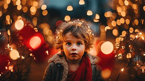 Child With Flares Of Lights And Christmas Lights In The Background ...