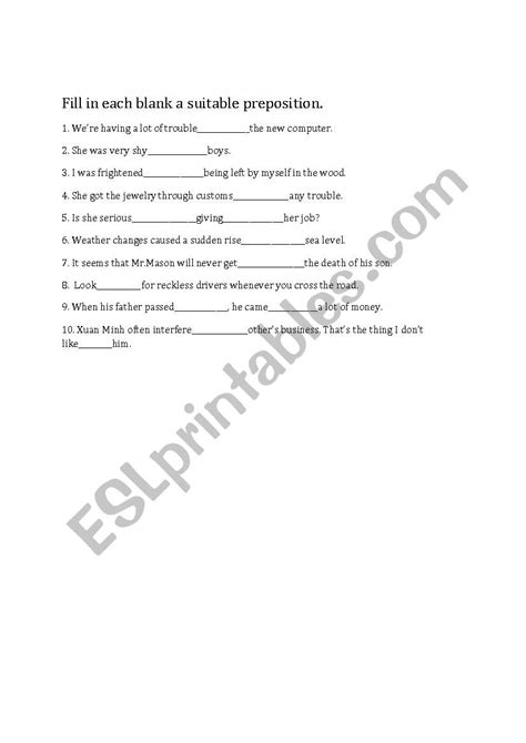 Fill In The Blank With A Suitable Preposition Esl Worksheet By