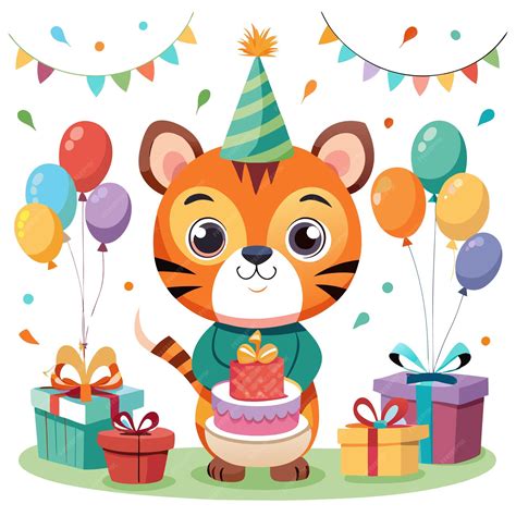 A cheerful tiger celebrating a birthday with gifts and balloons