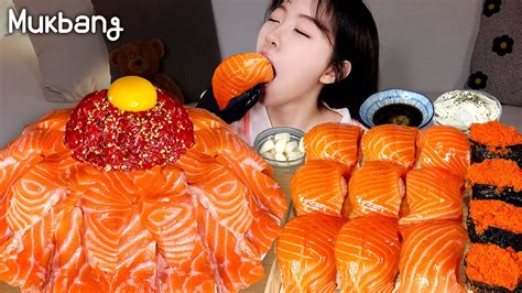 연어 특집🍣살살녹는 연어와 쫀득한 육회살얼음 동동 냉모밀까지ft대왕 연어초밥 연어포케 유부초밥 소고기타다키ㅣ연어 먹방