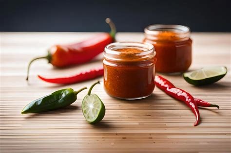 Premium Photo A Jar Of Hot Sauce With Green Leaves On The Table