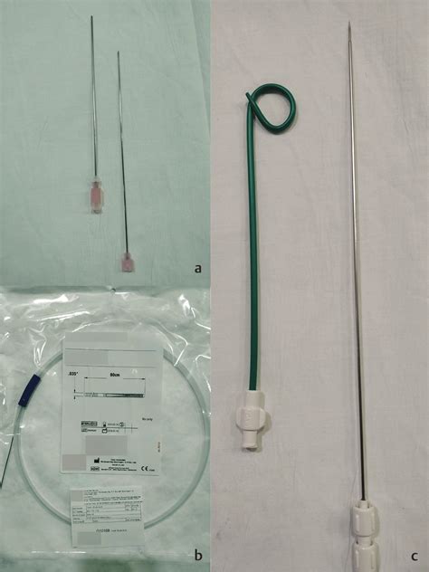 Materials required for percutaneous cholecystostomy. (a) An 18G 15 cm ...