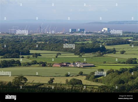 View from high on the Quantock Hills over looking the north Somerset coastline and Hinkley Point ...