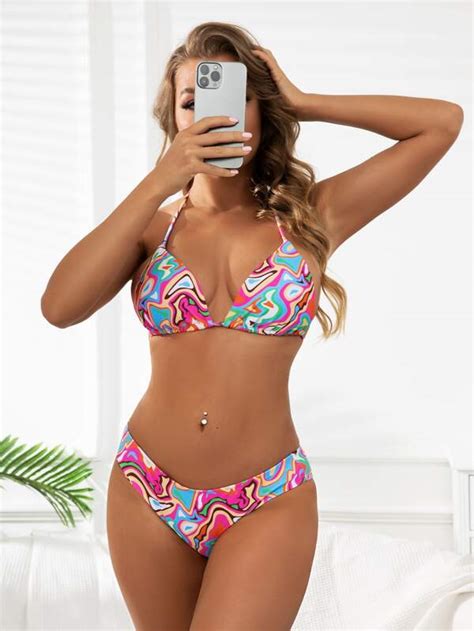 Shein Swim Vcay Allover Print Bikini Set Halter Triangle Bra Hipster