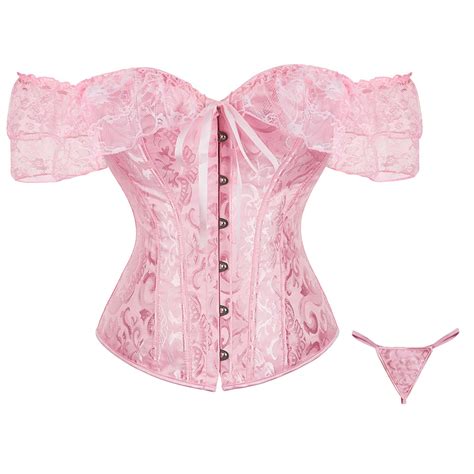 Chcnhac Corset Lingerie For Women Floral Pleated Trim Overbust Corset Sexy Satin Lace Up