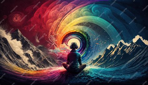 Premium AI Image | A person meditating in front of a rainbow and the ...