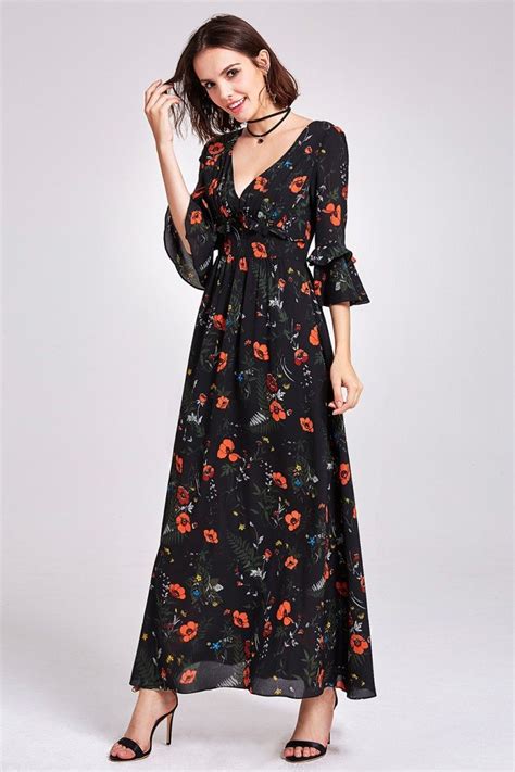 Classy Long Sleeve Floral Print Maxi Dress 45 12 As07170bk