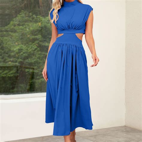 Munlar Blue Women S Cocktail Dress Turtleneck Sleeveless Dress A Line