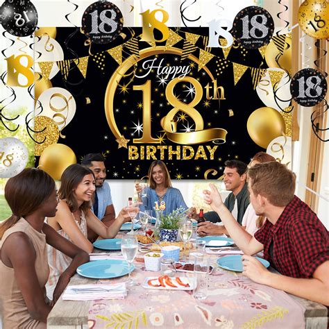 Buy Happy 18th Birthday Party Decorations Kit, Black Gold Glittery ...