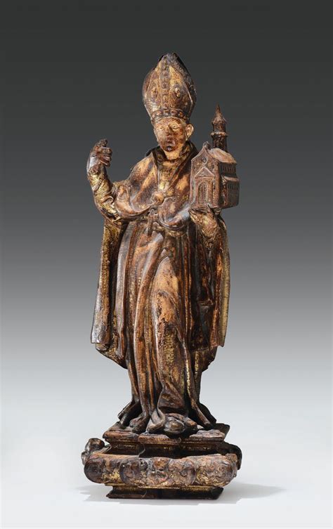 Scultura In Legno Dorato E Dipinto Raffigurante Santo Vescovo Che Regge