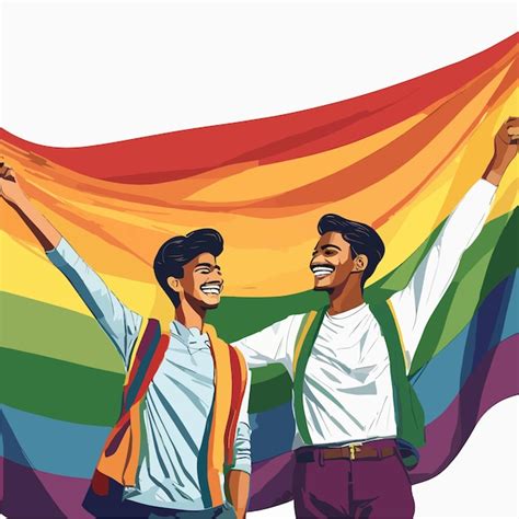 Ilustración vectorial de una pareja gay con una bandera lgbtq Vector Premium
