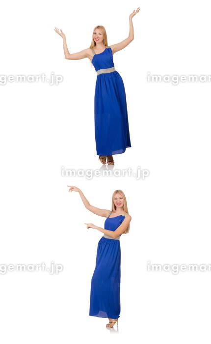 Beautiful Woman In Long Blue Dress Isolated On White