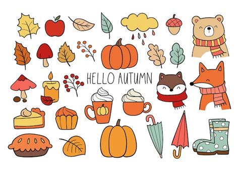 Premium Vector | Draw collection element and animal fall For autumn season