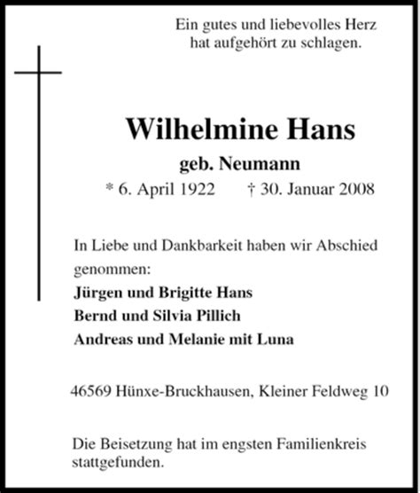 Traueranzeigen Von Wilhelmine Hans Trauer In Nrw De