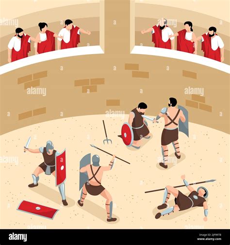 Isometric Ancient Rome Gladiators Composition With View Of Round Arena With Audience And