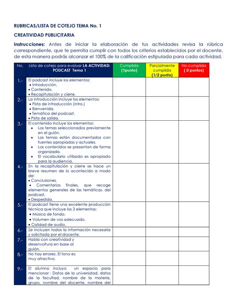 Listas De Cotejo Creatividad Publicitaria T1 T5 1 RUBRICAS LISTA DE