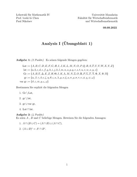 Uebungsblatt 01 Übungsblatt Lehrstuhl f ur Mathematik IV Universit