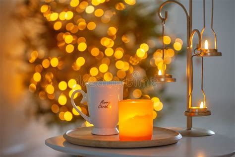 Cup With Hot Drink On Background Christmas Tree Stock Image Image Of Indoor House