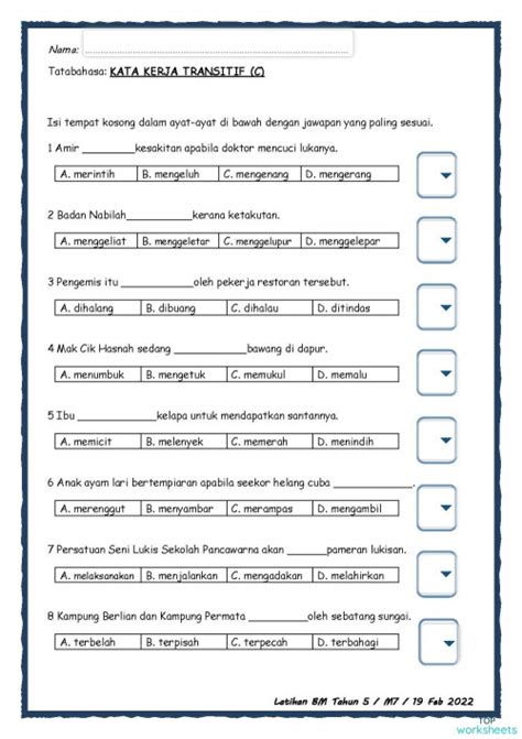 Latihan Tatabahasa Tahun 5 Kata Kerja Transitif C Interactive Worksheet Topworksheets