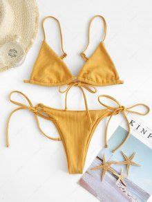 OFF ZAFUL Ribbed Bralette String Bikini Set In BEE YELLOW ZAFUL