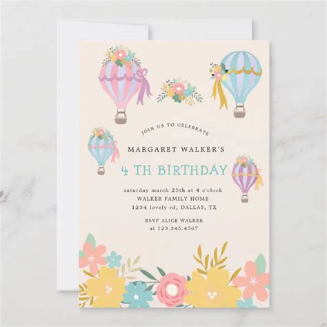 Cute Hot Air Balloon Birthday Invitation Zazzle
