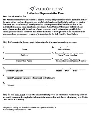 Fillable Online Authorized Representative Form PDF ValueOptions Fax