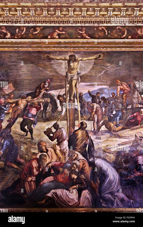 La Crucifixión detalle de Tintoretto en Sala Albergo la Scuola