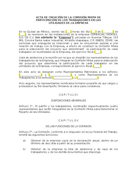 6 Formato Acta Comisión Mixta Reparto De Utilidades Ptu Acta De CreaciÓn De La ComisiÓn