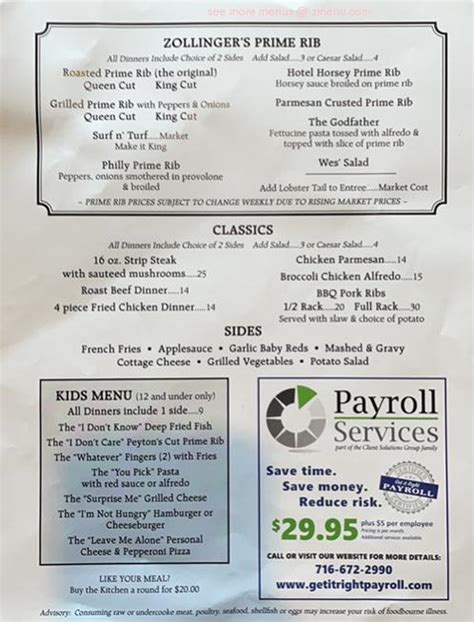 Menu at South Dayton Hotel restaurant, South Dayton