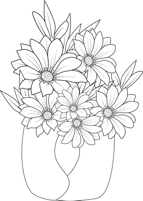 Daisy flower drawing hand draw flower vase illustration, vector sketch ...