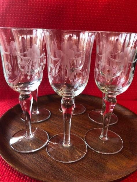 Vintage Etched Crystal Wine Glasses Set Of Floral Design Etsy