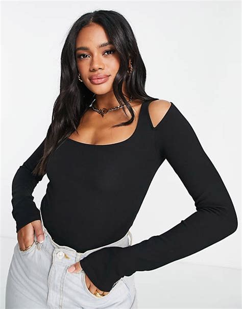 Asos Design Cut Out Shoulder Bodysuit In Black Asos