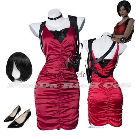 Female Resident 4 Ada Wong Cosplay Costume Evil Cheongsam Dress Red Ada Wig Shoes Halloween