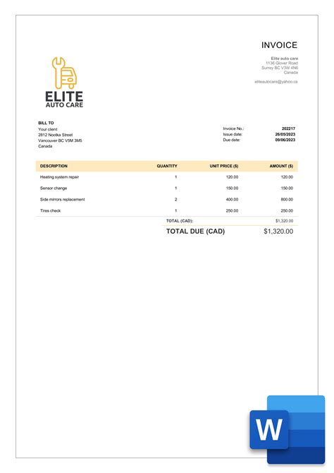 Word Invoice Template Canada Free And Editable Billdu