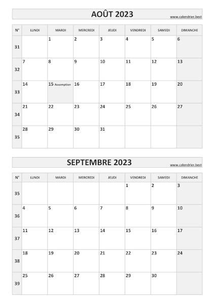 Calendrier août et septembre 2023 à imprimer Calendrier best