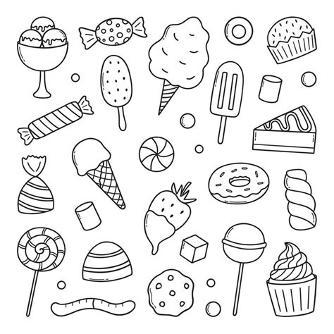 Sweets And Candies Doodle Set Desserts In Sketch Style Hand Drawn