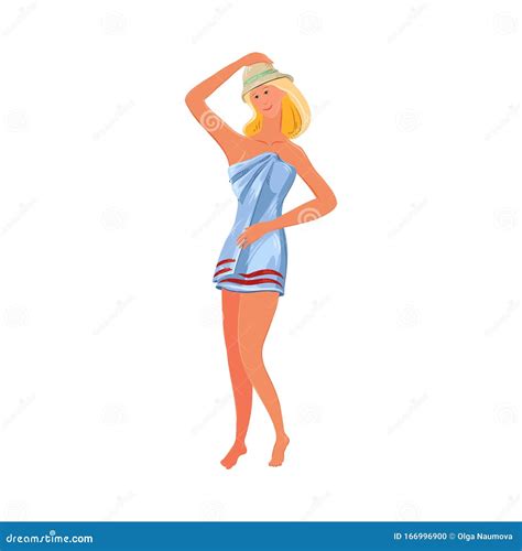 Smiling Naked Woman In Towel Standing In Bathhouse Vector Illustration