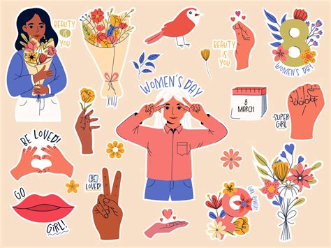 International women's day. 8 March. Sticker pack with girl power ...