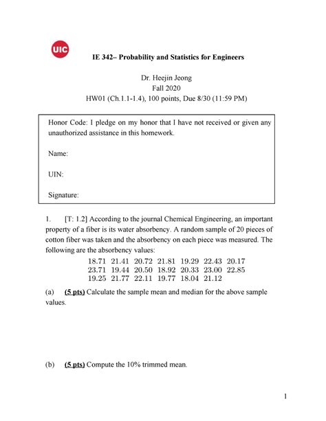 Hw 1 Ie For Mathmatics Practice IE 342 Probability And Statistics