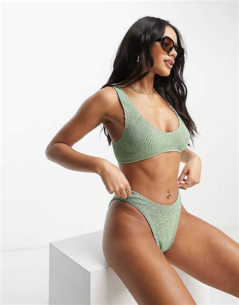 Asos Design Mix And Match Crinkle Skinny Scoop Crop Bikini Top In Khaki