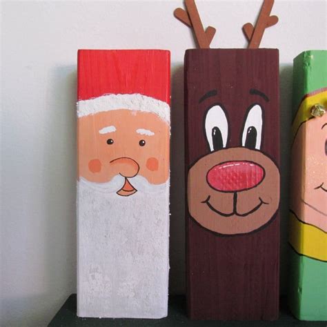 Hand Painted Wooden 2x4 Christmas Decor Featuring Santa Rudolph An