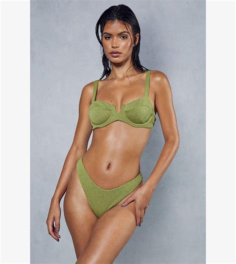 Buy Misspap Crinkle Textured V Bar Cupped Bikini Set In Khaki Thstreet Kuwait
