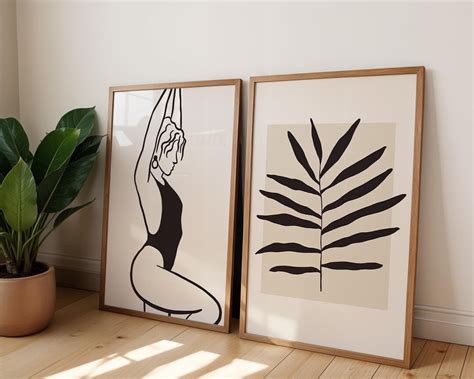 Botanical Prints Naked Woman Mid Century Modern Beige And Black Abstract Botanical Set Of
